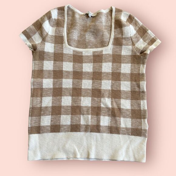 Madewell Sweater Women's 2XS Brown Cream Check Knitted Short Sleeve Square Neck - Picture 1 of 7